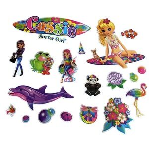 Vtg Lisa Frank Cassie Surf Ocean Dolphin Frog Panda Frog Flamingo Bubble Sticker
